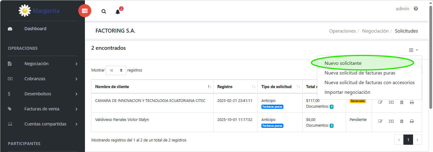 Crear nuevo solicitante de factoring