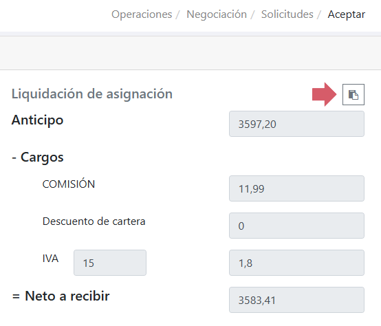 Botón copiar resumen de liquidación de solicitud de factoring